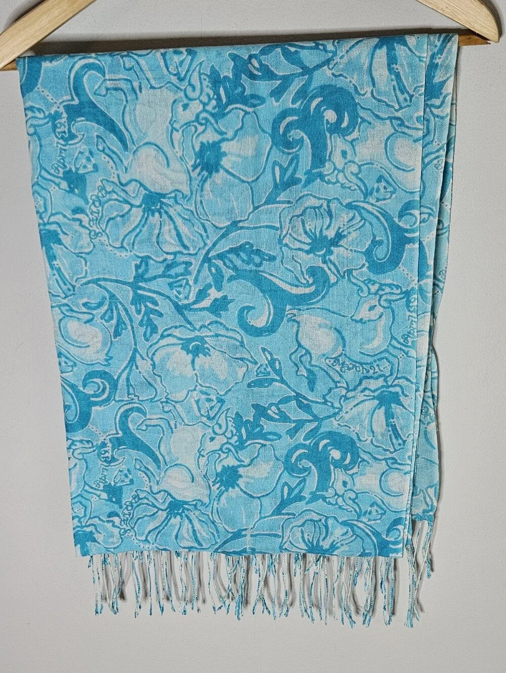Lilly Pulitzer Murfee Scarf Silk Cashmere Aries Print Blue Green Cream 28×82